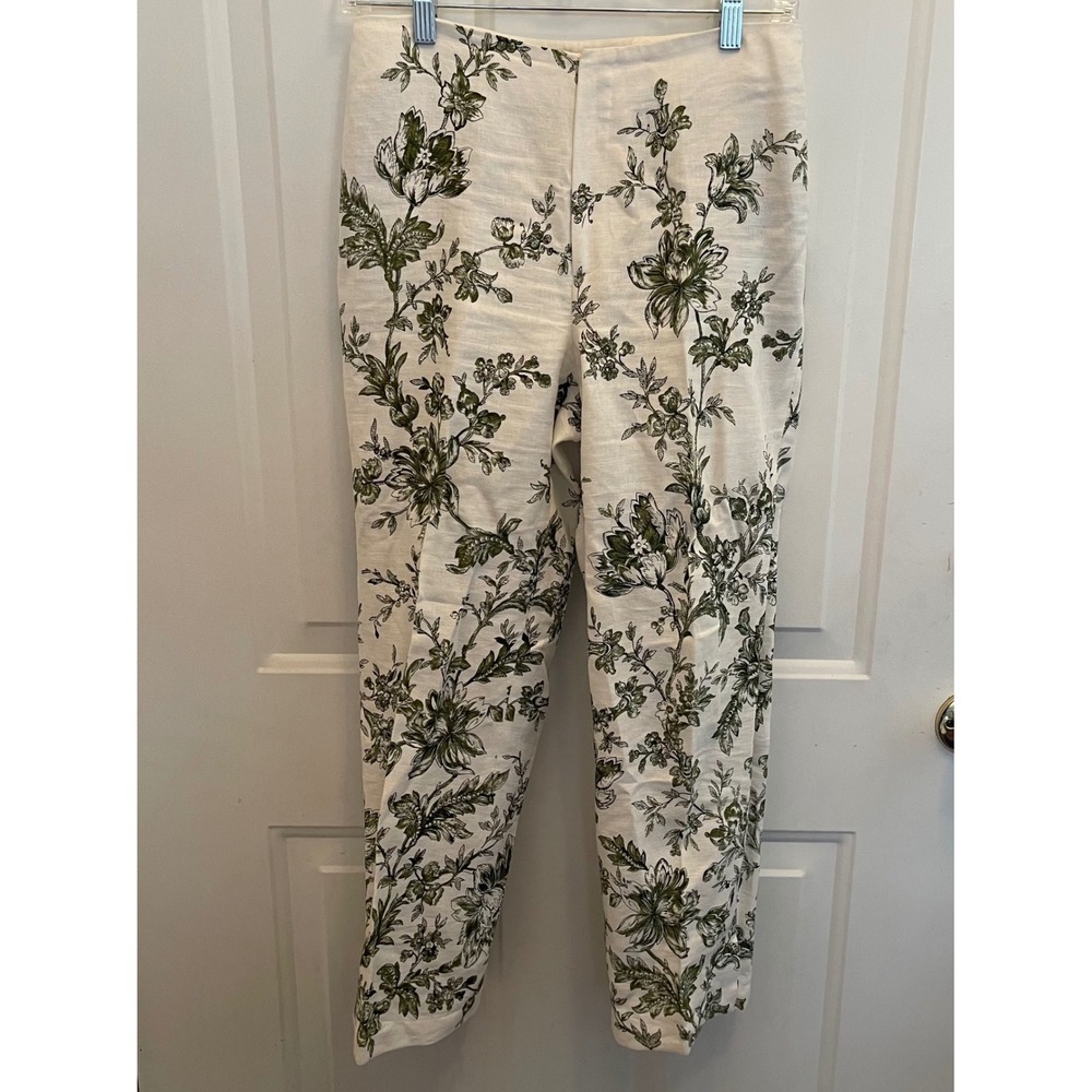 Saks Fifth Avenue Sport Linen Floral Toile Pants Green Cream Size 2 Luxury